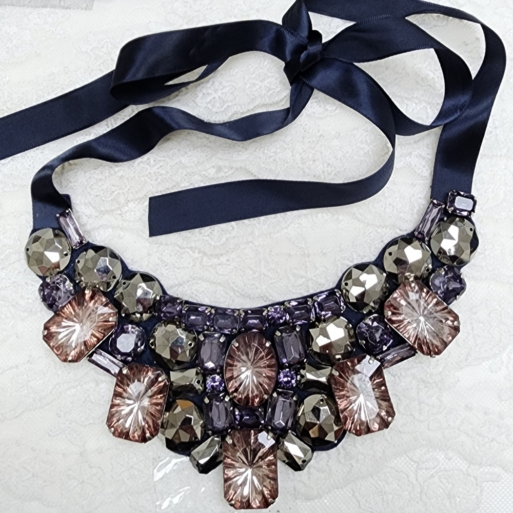 Vintage Tie On Statement Bib Collar Beaded Ribbon Necklace